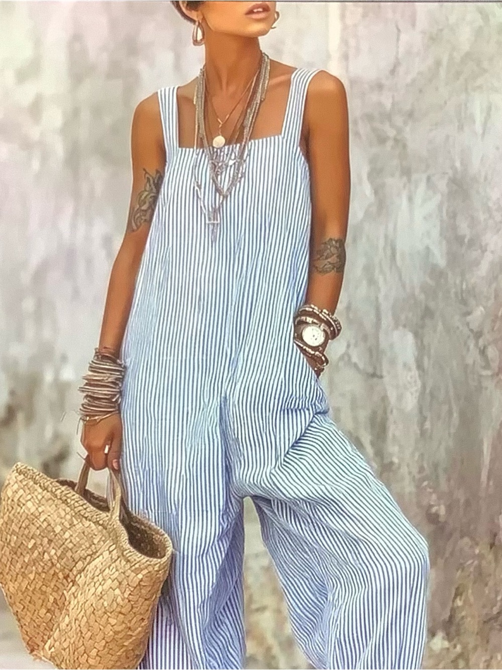 Striped Blue Wide-Leg Jumpsuit